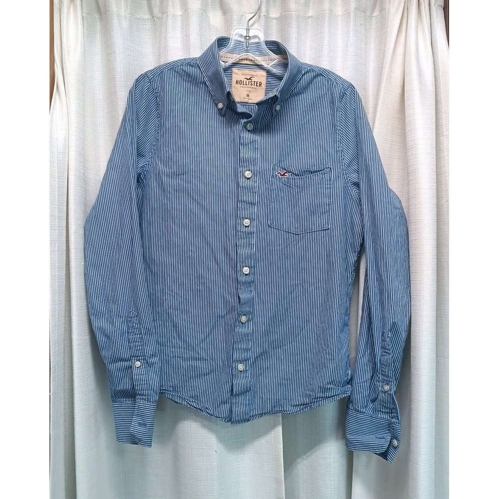 Hollister‎ Men's Size M Button Down Blue & White Striped Embroidered Shirt